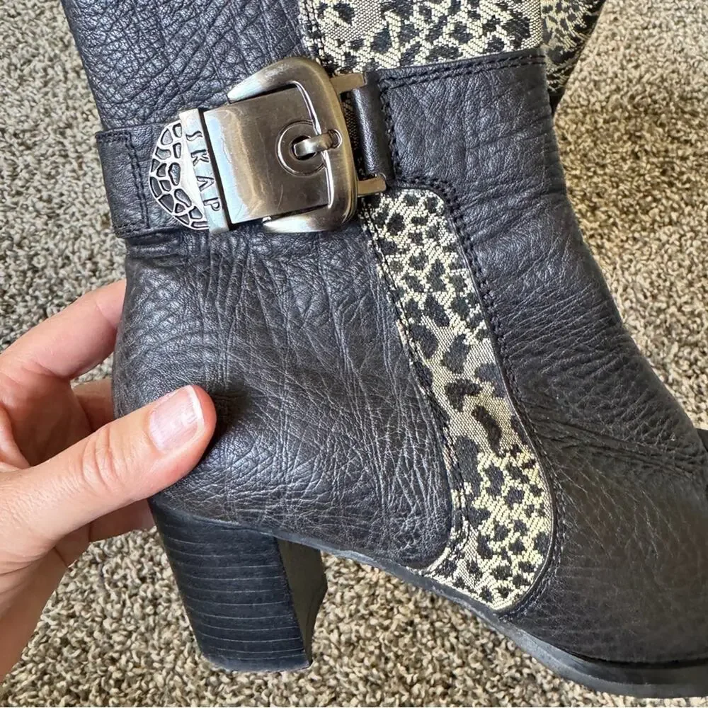 Skap Black Leather Animal Print Ankle Boots Womens 6 Fall Preppy Classic Booties